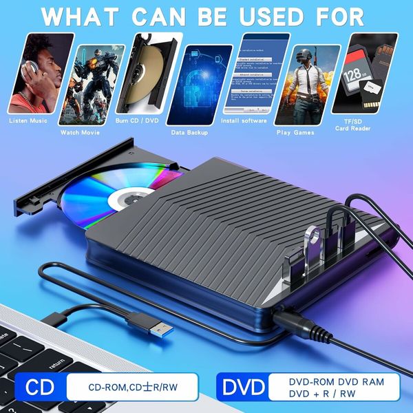 External CD DVD Drive 7 in 1 CD/DVD Burner USB 3.0 with 4 USB Ports and 2 TF/SD Card Slots Optical Disk Drive for Laptop Mac, Compatible with PC Windows /10/8/7 Linux OS