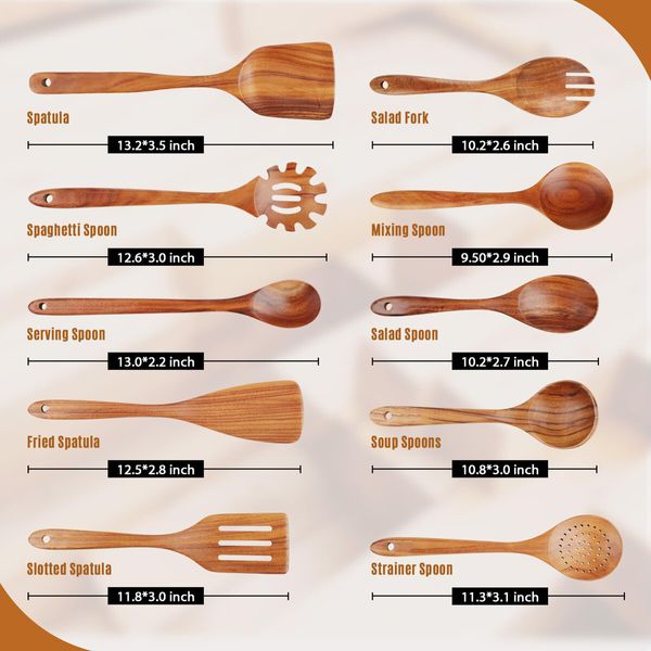 Wooden Spoons for Cooking,Wooden Utensils for Cooking Natural Teak Wooden Kitchen Utensils Set Comfort Grip (10 PCS SET)