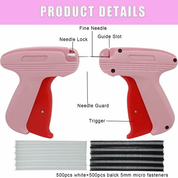 Quick Clothing Fixer,Mini Stitch Gun for Clothes,Mini Tagging Gun,Hemming Sewing Tool Kit with 6 Needles,500 Black & 500 White 5mm Mini Fasteners (Pink)