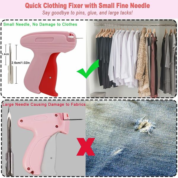 Quick Clothing Fixer,Mini Stitch Gun for Clothes,Mini Tagging Gun,Hemming Sewing Tool Kit with 6 Needles,500 Black & 500 White 5mm Mini Fasteners (Pink)