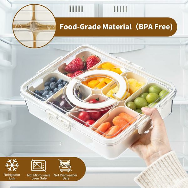 8 Compartment Square Food Storage Divided Serving Tray with Lid and Handle for Fruits Candy Nuts Snacks Ideal for Party Travel Picnics