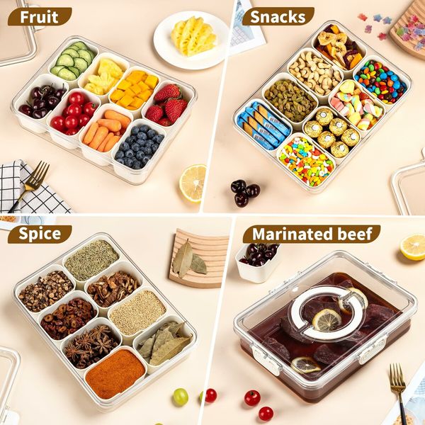 8 Compartment Square Food Storage Divided Serving Tray with Lid and Handle for Fruits Candy Nuts Snacks Ideal for Party Travel Picnics