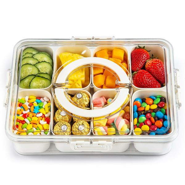 8 Compartment Square Food Storage Divided Serving Tray with Lid and Handle for Fruits Candy Nuts Snacks Ideal for Party Travel Picnics