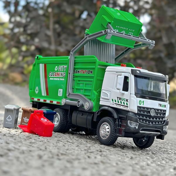 Garbage Truck Toys for Boys, Toy Garbage Truck Metal Diecast Cab, Pull Back Garbage Truck with Lights and Sounds, Front Loader Recycling Toy Garbage Trucks, Garbage Truck Toys for Boys Age 4 to 7