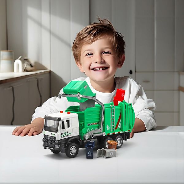 Garbage Truck Toys for Boys, Toy Garbage Truck Metal Diecast Cab, Pull Back Garbage Truck with Lights and Sounds, Front Loader Recycling Toy Garbage Trucks, Garbage Truck Toys for Boys Age 4 to 7