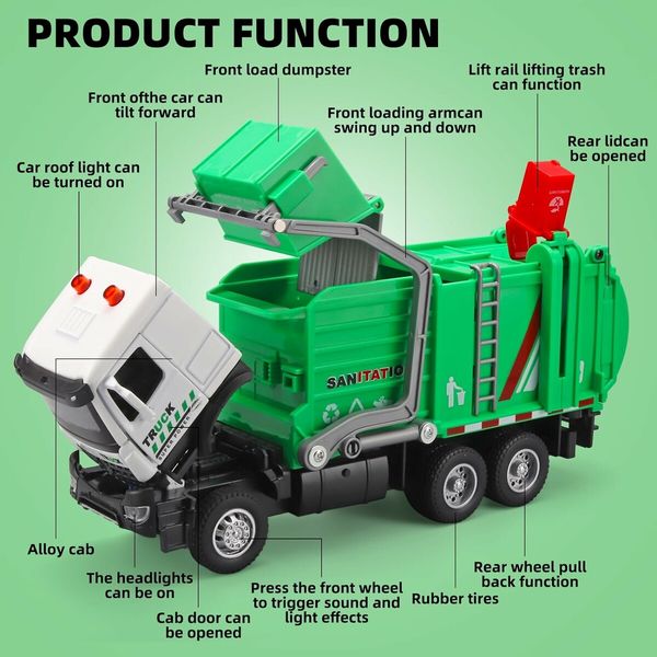 Garbage Truck Toys for Boys, Toy Garbage Truck Metal Diecast Cab, Pull Back Garbage Truck with Lights and Sounds, Front Loader Recycling Toy Garbage Trucks, Garbage Truck Toys for Boys Age 4 to 7