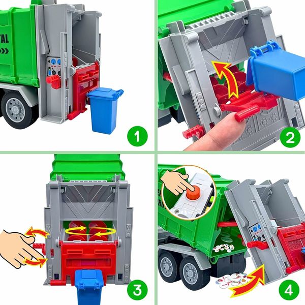 Garbage Truck Toys Playset, Realistic Trash Truck with 4 Trash Cans, Lifter Dumping Function, 4 Set Trash Cards, Toys for Boys 3+ Years Old