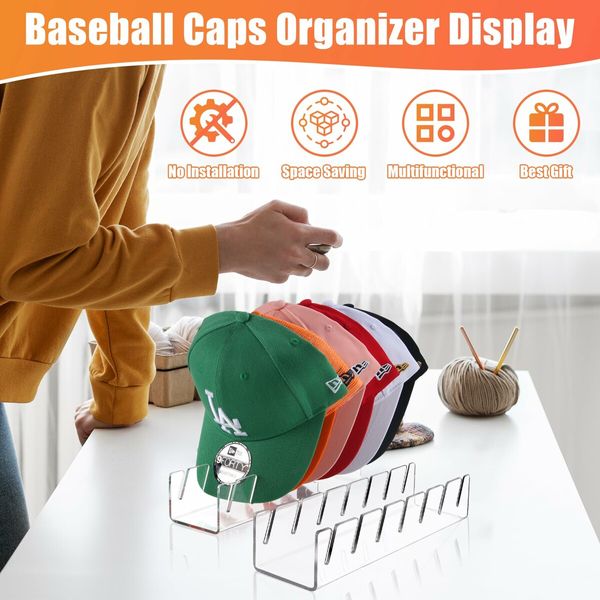 Hat Stand for Baseball Caps,2 Pcs No Install Acrylic Hat Organizer for 14 Baseball Caps,Hat Racks for Baseball Caps Display and Organizer (clear*2)