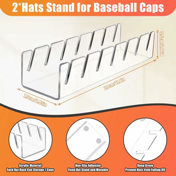 Hat Stand for Baseball Caps,2 Pcs No Install Acrylic Hat Organizer for 14 Baseball Caps,Hat Racks for Baseball Caps Display and Organizer (clear*2)