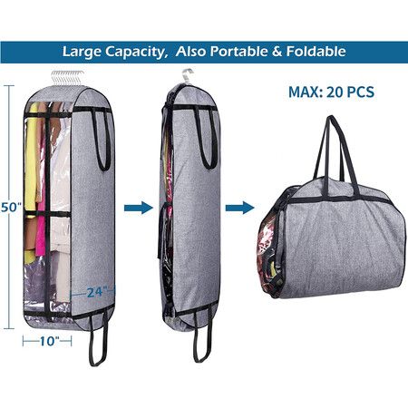 Foldable Hanging Garment Bags for Travel , Suit Bags for Closet Storage, Moving Bags for Clothes Dress Cover for Coat, Jacket, Shirt, Clothing, 1 Pack (Gray)