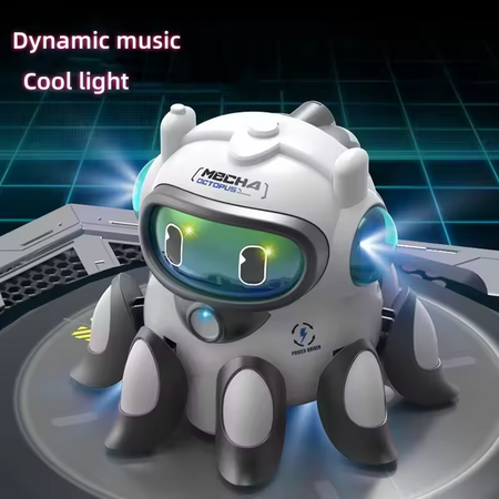 Electric Universal Octopus Music Crawling Toy with LED Light and Spray, Mechanical Moving Toy Automatic Obstacle Avoidance for Kids(White)