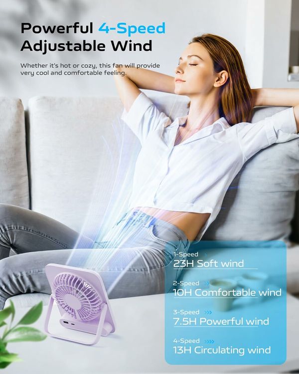 Desk Fan Portable Fan Rechargeable,4000mAh Battery Operated Personal Fan,Small Silent Table Fan Travel Fan with Power Bank,4 Speeds Desktop Fan for Bedroom Home Office Outdoor (Purple)