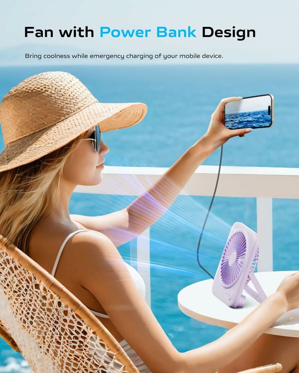 Desk Fan Portable Fan Rechargeable,4000mAh Battery Operated Personal Fan,Small Silent Table Fan Travel Fan with Power Bank,4 Speeds Desktop Fan for Bedroom Home Office Outdoor (Purple)