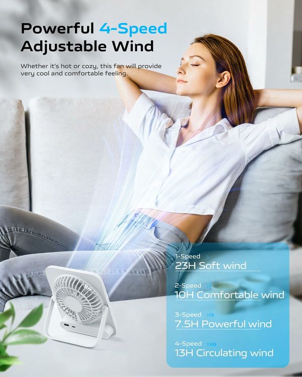 Desk Fan Portable Fan Rechargeable,4000mAh Battery Operated Personal Fan,Small Silent Travel Fan with Power Bank,4 Speeds Desktop Fan (White)