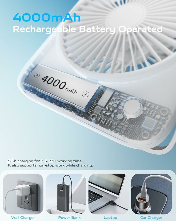 Desk Fan Portable Fan Rechargeable,4000mAh Battery Operated Personal Fan,Small Silent Travel Fan with Power Bank,4 Speeds Desktop Fan (White)