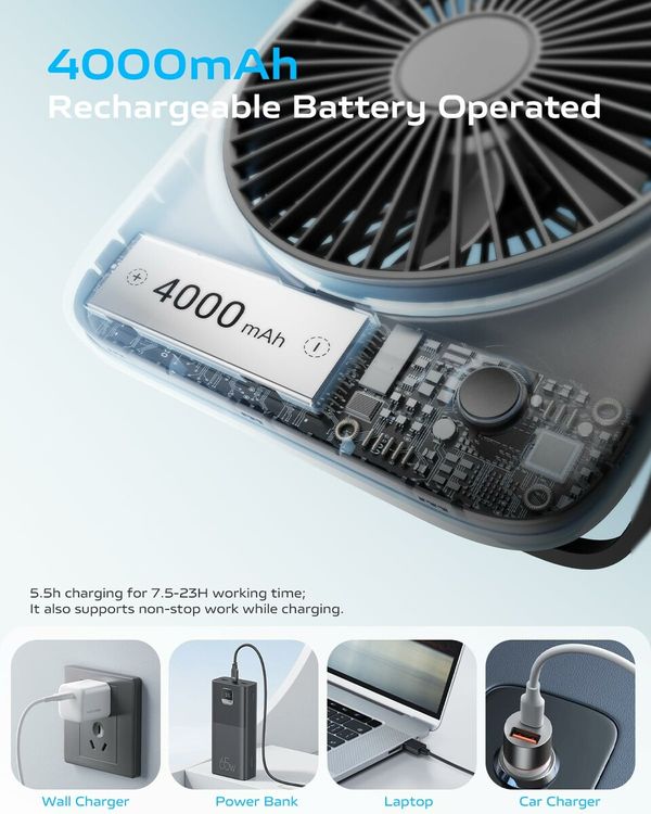 Desk Fan Portable Fan Rechargeable,4000mAh Battery Operated Personal Fan,Small Silent Table Fan Travel Fan with Power Bank,4 Speeds Desktop Fan (Black)