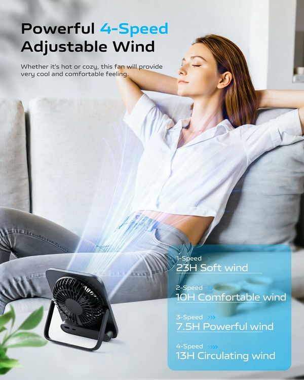 Desk Fan Portable Fan Rechargeable,4000mAh Battery Operated Personal Fan,Small Silent Table Fan Travel Fan with Power Bank,4 Speeds Desktop Fan (Black)