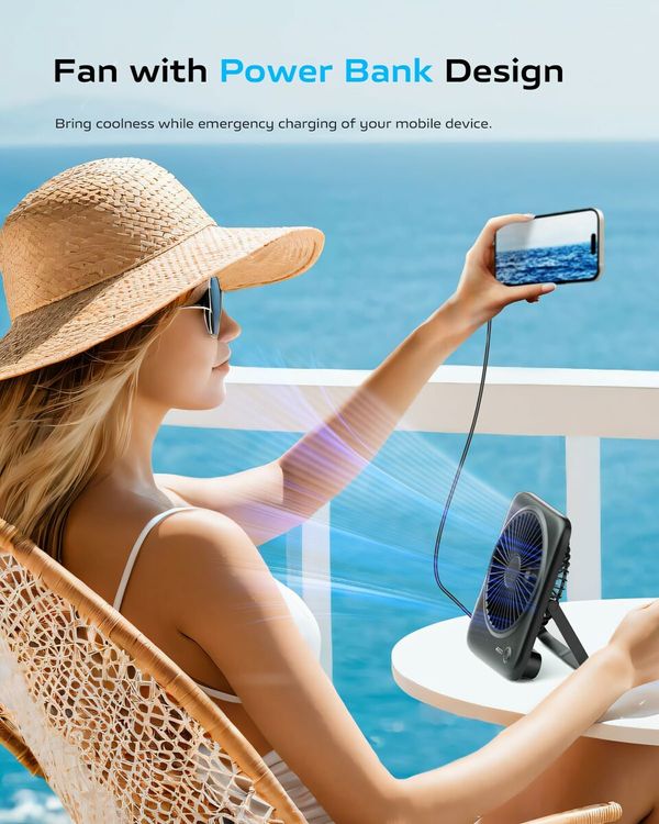Desk Fan Portable Fan Rechargeable,4000mAh Battery Operated Personal Fan,Small Silent Table Fan Travel Fan with Power Bank,4 Speeds Desktop Fan (Black)