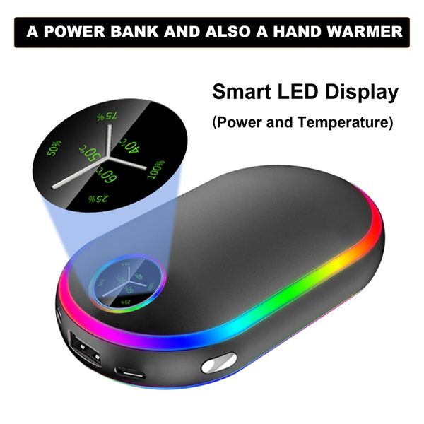 2 in 1 Electric Hand Warmers Rechargeable 10000mAh Power Bank, Winter Hot Hands Heat Pocket Heater, Double-Sided Heating Color Black