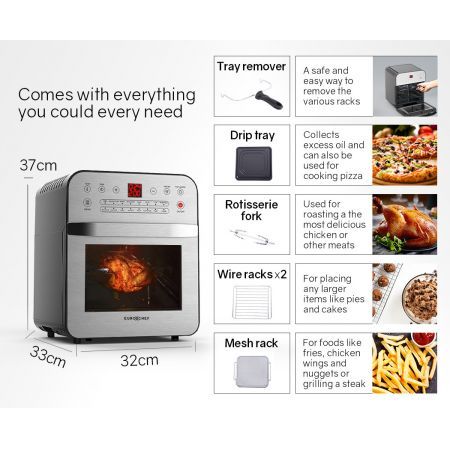 EUROCHEF 16L Digital Air Fryer Electric Airfryer Rotisserie Large Big Dry Cooker, Silver