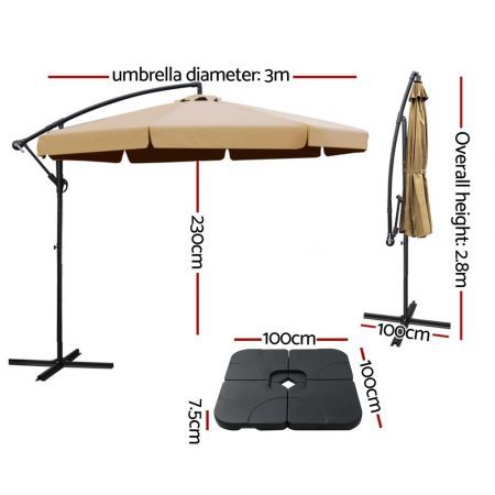 Instahut 3m Outdoor Umbrella w/Base Cantilever Garden Beach Patio Beige