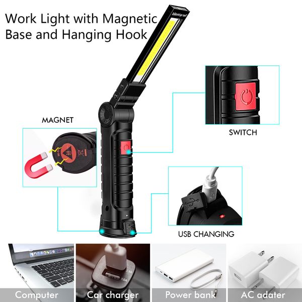 Rechargeable Work Lights,LED Work Light with Magnetic Base & Hanging Hook,360 Degree Rotate 5 Modes magnetic Rechargeable Flashlights for Mechanics Car Repair Home,Garage,Emergency,Camping (2 Pack)