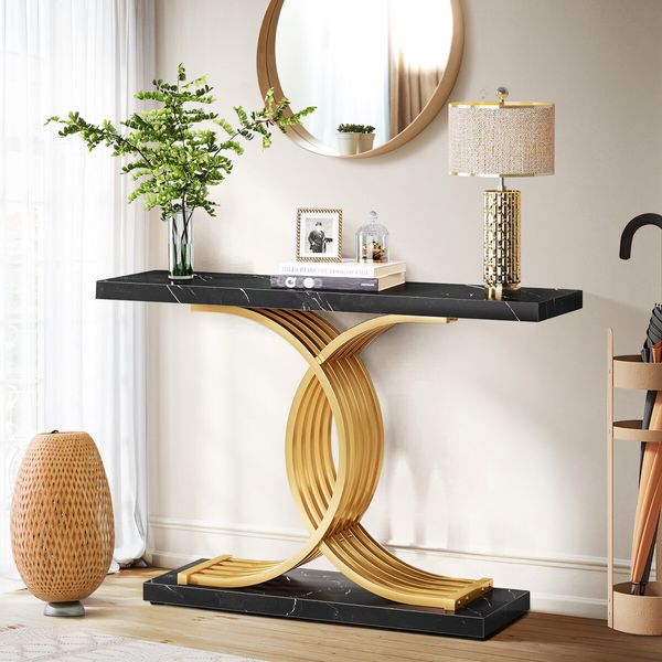 Black Hall Console Table Coffee Narrow Entrance End Sofa TV Shelf Plant Flower Stand Side Storage Desk Rack Faux Marble