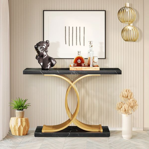 Black Hall Console Table Coffee Narrow Entrance End Sofa TV Shelf Plant Flower Stand Side Storage Desk Rack Faux Marble