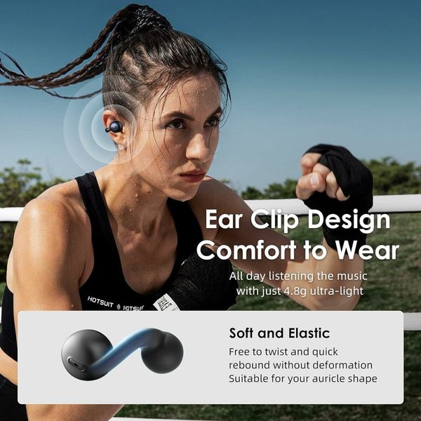 I20 Clip on Open Ear Earbud Bone Not Conduction Wireless Bluetooth Headphones with mic Noise Cancelling Waterproof for Sports,Cycling,Driving,Running (Black)