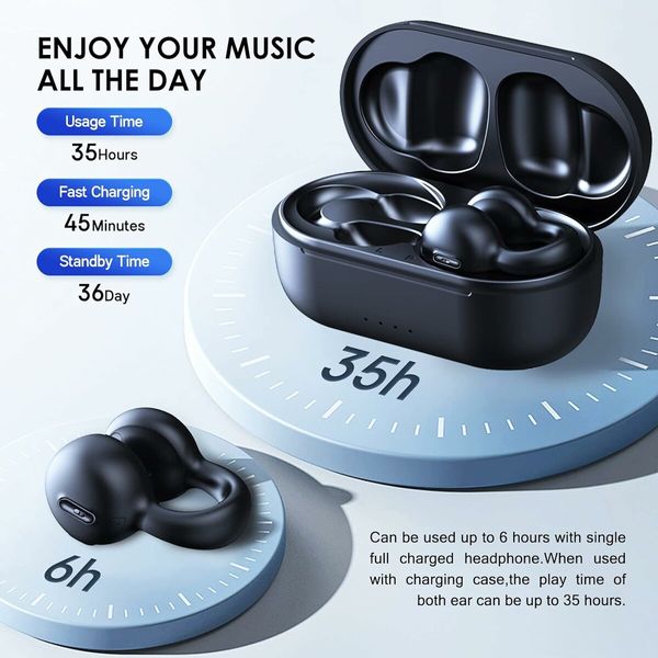 I20 Clip on Open Ear Earbud Bone Not Conduction Wireless Bluetooth Headphones with mic Noise Cancelling Waterproof for Sports,Cycling,Driving,Running (Black)