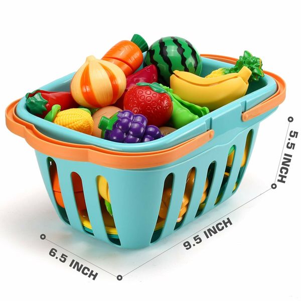 70 PCS Cutting Play Food Toy,Pretend Fruit & Vegetables Accessories with Shopping Storage Basket,Plastic Mini Dishes and Knife,Educational Toy,Birthday Gift