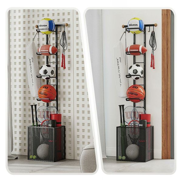 Ball Storage Rack Shelf Garage Shelving Unit Organiser Basketball Football Sports Equipment Display Stand Hook Basket Metal