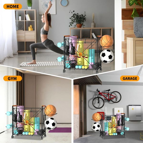 Ball Yoga Mat Storage Rack Garage Shelving Unit Shelves Display Stand Dumbbell Home Gym Organiser Basket Hooks Wheels Metal