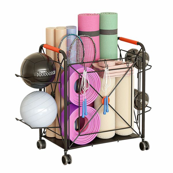 Ball Yoga Mat Storage Rack Garage Shelving Unit Shelves Display Stand Dumbbell Home Gym Organiser Basket Hooks Wheels Metal