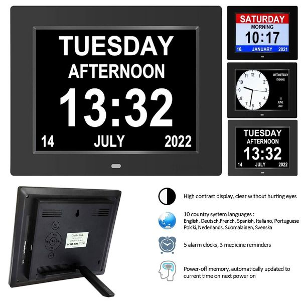 8inch Extra Large Clock Easy to Read for Elderly Senior Digital Calendar Alarm 3 Display Black