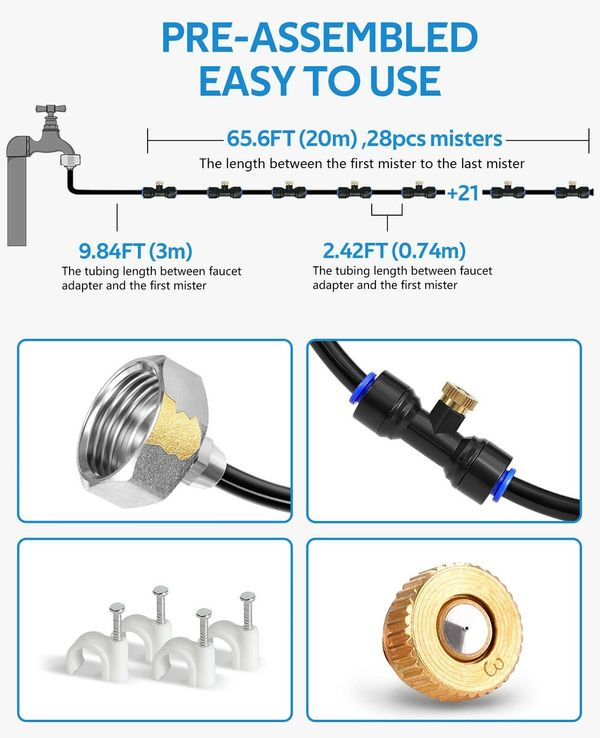 Misting Cooling System 75FT (23M) Misting Line + 28 Brass Mist Nozzles + Brass Adapter(3/4In) Outdoor Mister for Patio Garden Greenhouse Trampoline for Waterpark