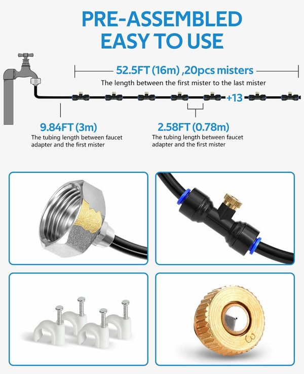 Misting Cooling System 59FT (18M) Misting Line + 20 Brass Mist Nozzles + Brass Adapter(3/4In) Outdoor Mister for Patio Garden Greenhouse Trampoline for Waterpark