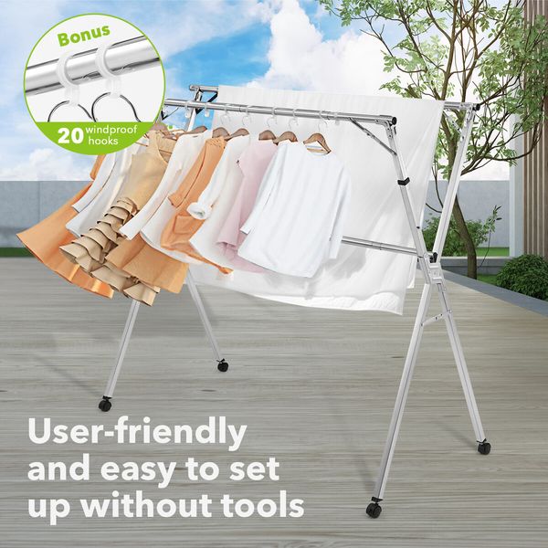 Clothes Rack Airer Garment Drying Stand Stainless Steel Folding Adjustable Outdoor Laundry Rail on Wheels with 20 Hooks