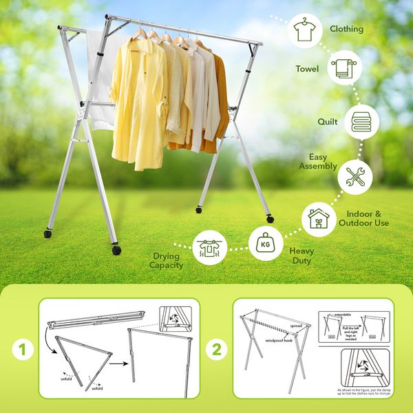 Clothes Rack Airer Garment Drying Stand Stainless Steel Folding Adjustable Outdoor Laundry Rail on Wheels with 20 Hooks