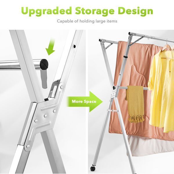 Clothes Rack Airer Garment Drying Stand Stainless Steel Folding Adjustable Outdoor Laundry Rail on Wheels with 20 Hooks