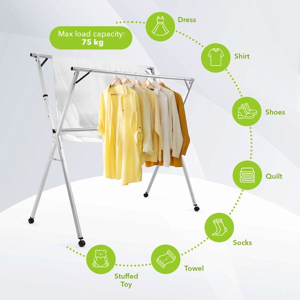 Clothes Rack Airer Garment Drying Stand Stainless Steel Folding Adjustable Outdoor Laundry Rail on Wheels with 20 Hooks