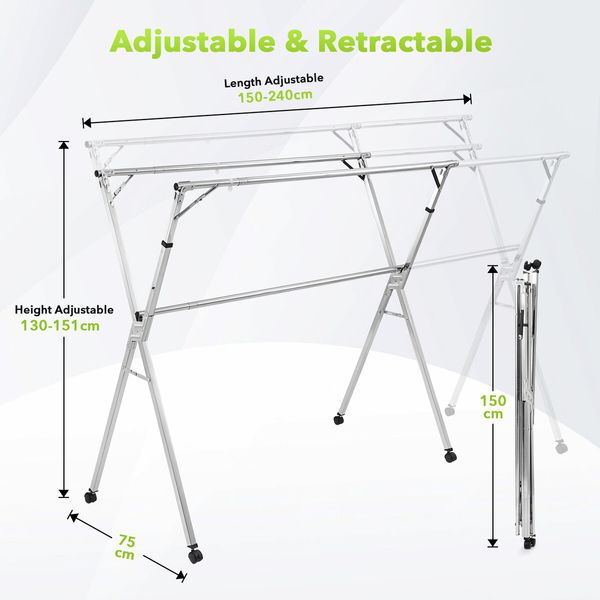 Clothes Rack Airer Garment Drying Stand Stainless Steel Folding Adjustable Outdoor Laundry Rail on Wheels with 20 Hooks