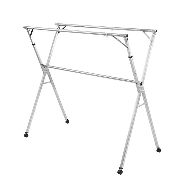 Clothes Rack Airer Garment Drying Stand Stainless Steel Folding Adjustable Outdoor Laundry Rail on Wheels with 20 Hooks