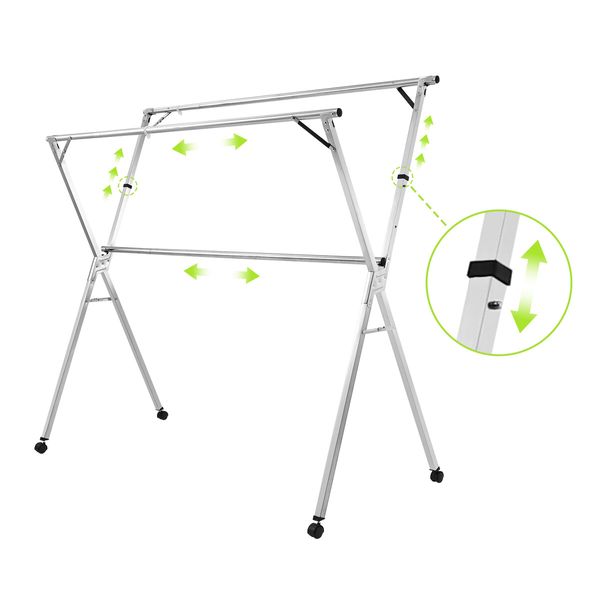 Clothes Rack Airer Garment Drying Stand Stainless Steel Folding Adjustable Outdoor Laundry Rail on Wheels with 20 Hooks