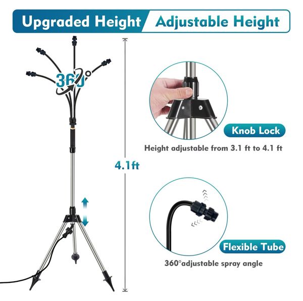 Standing Misters for Outside Patio,Adjustable Height 3.2-4.1FT Misting System Line 26.5FT Portable Water Misters for Cooling Outdoor with Tripod Base Stand