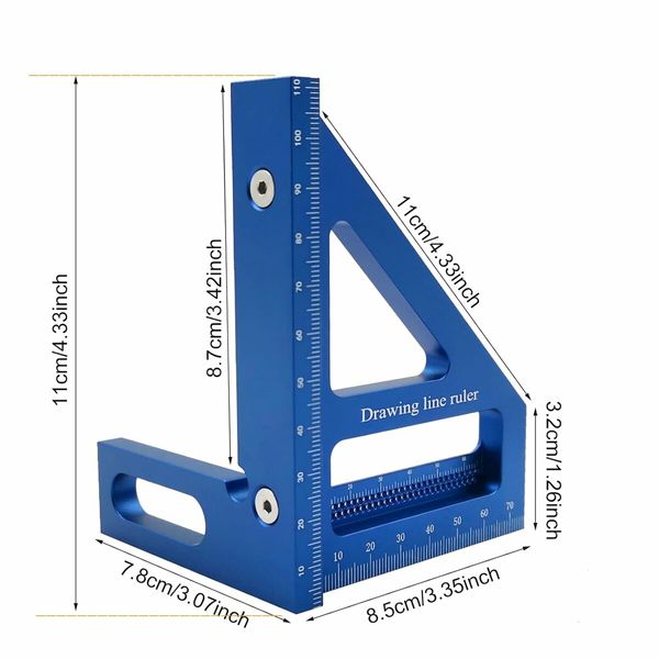 3D Multi Angle Measuring Ruler, Miter Triangle Ruler High Precision Layout Measuring Tool, Blue, Metric, mm