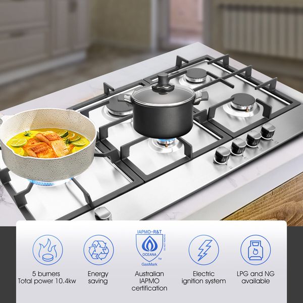 Maxkon 87cm Gas Cooktop Stove Top 5 Burner Cooker Kitchen Home Stovetop Hob LPG NG Stainless Steel Surface