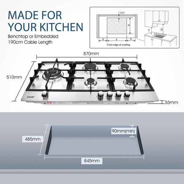 Maxkon 87cm Gas Cooktop Stove Top 5 Burner Cooker Kitchen Home Stovetop Hob LPG NG Stainless Steel Surface