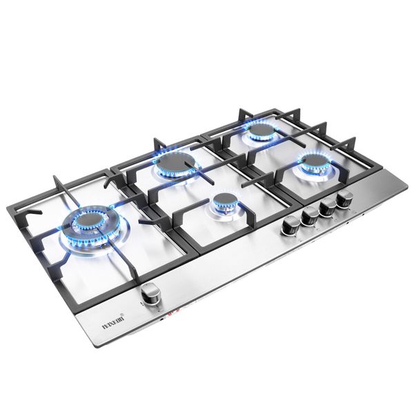 Maxkon 87cm Gas Cooktop Stove Top 5 Burner Cooker Kitchen Home Stovetop Hob LPG NG Stainless Steel Surface