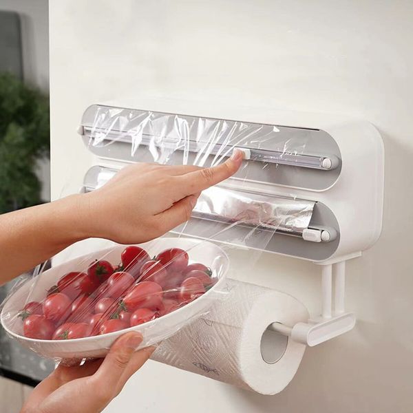 3 in 1 Magnetic Aluminum Foil and Adhesive Film Organizer, Wall Mount Kitchen Wrap Organizer,Cling Wrap Dispenser with Paper Towel Holder and Cutte